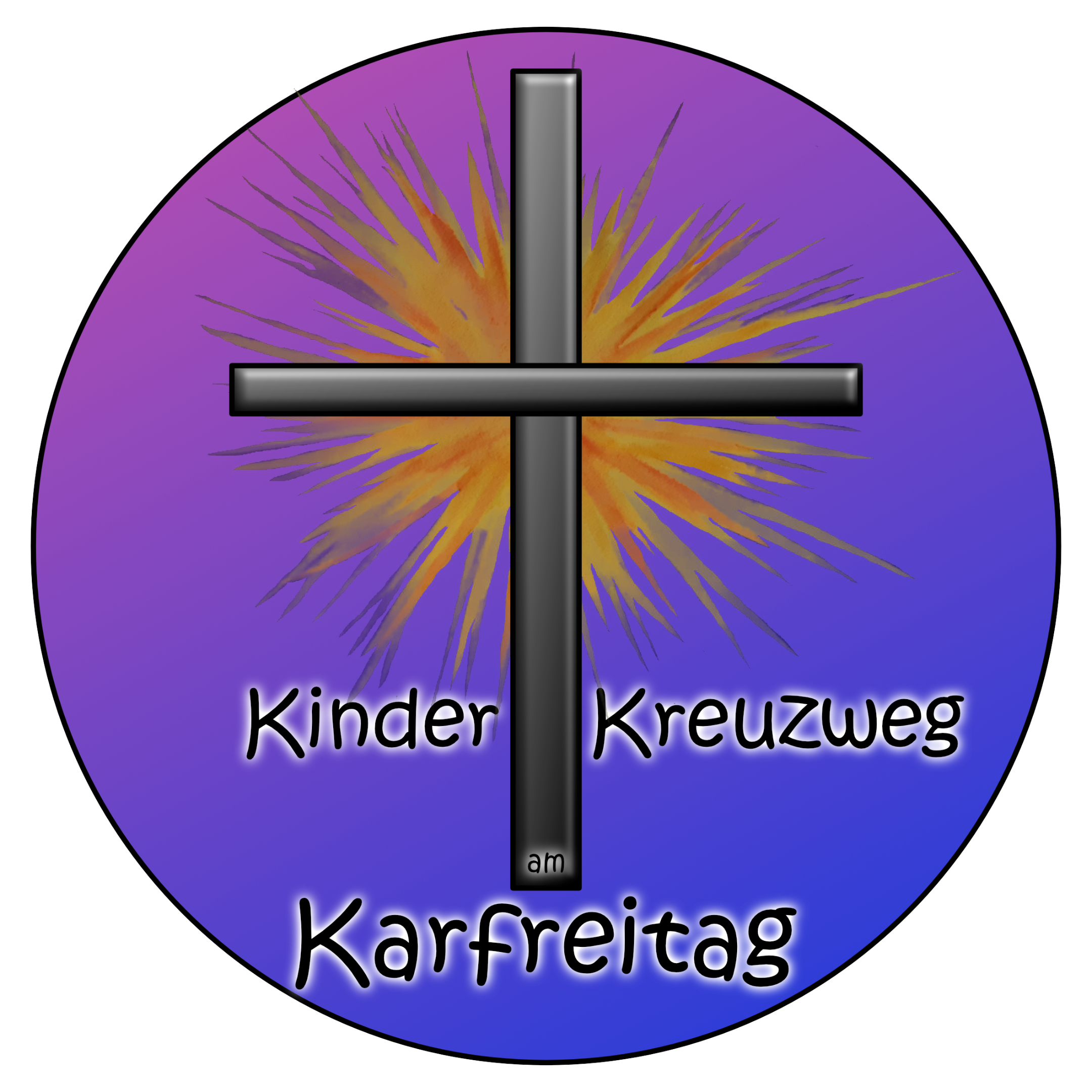 Kreisbild: Wort 'Kinder-Kreuzweg Karfreitag', gemaltes Kreuz mit dahinter hervorscheinender Sonne