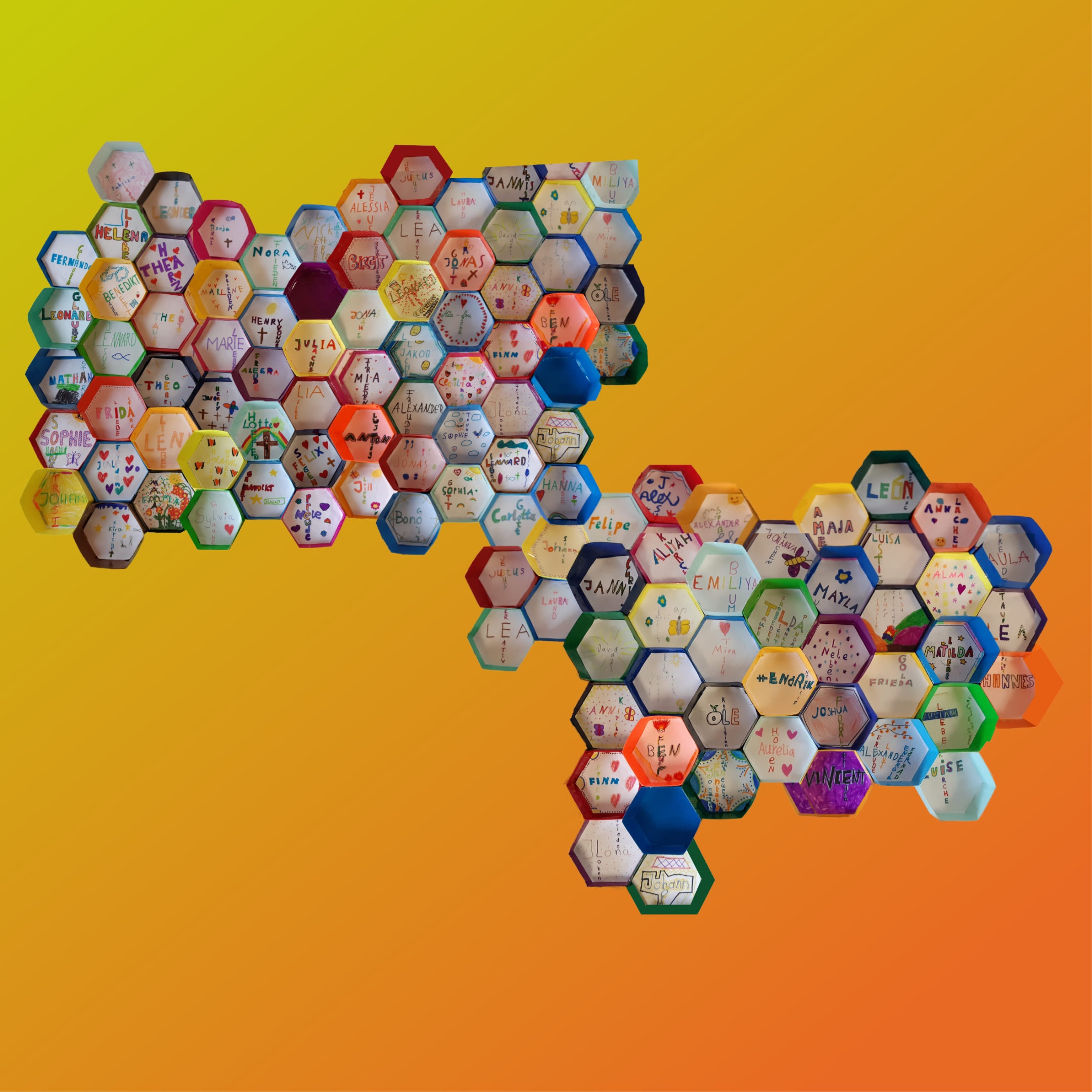 Sechsecke mit Kindernamen in Waagerecht und einem anderen Wort in Senkrecht