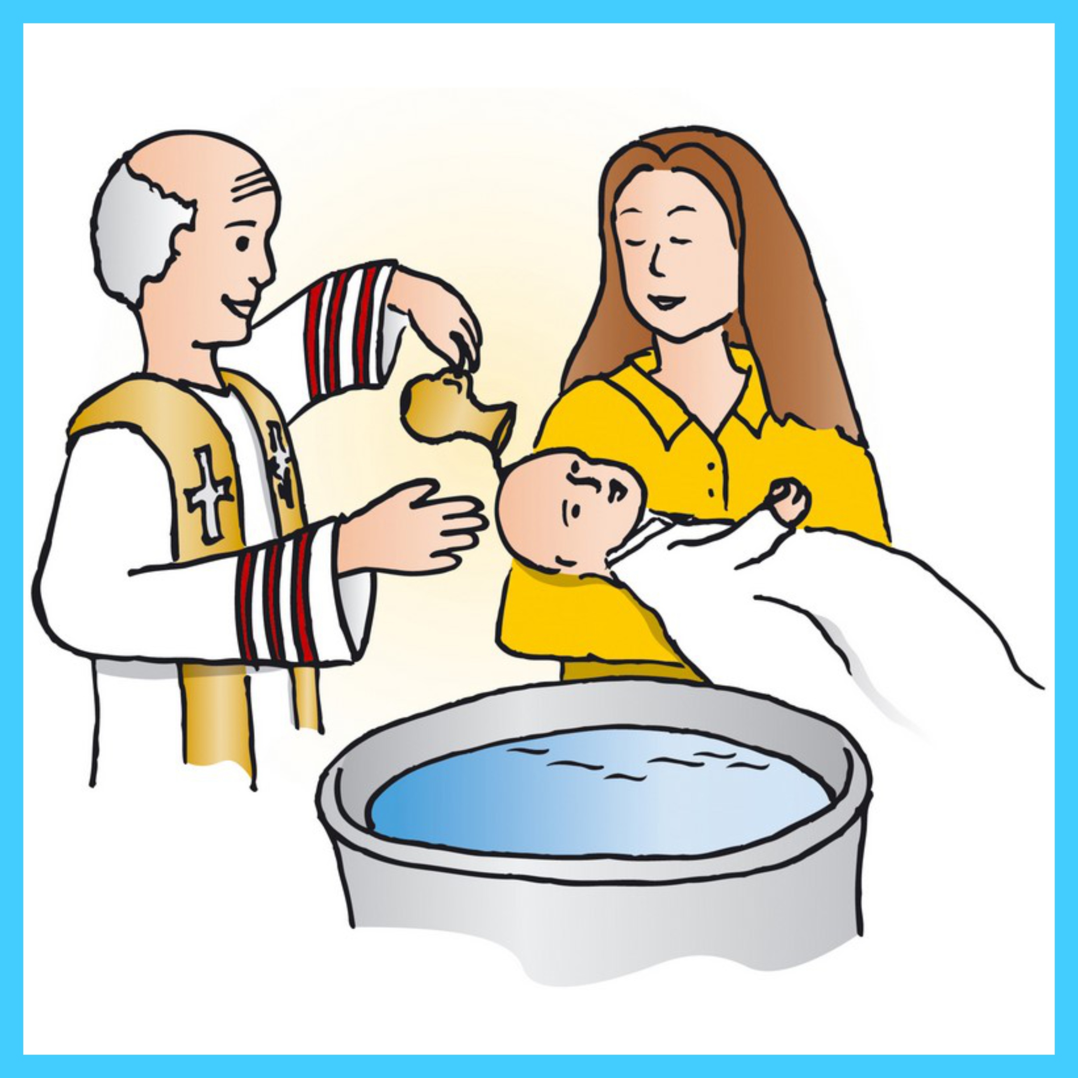 Ein Taufbild. Ein älterer Mann tauft ein Kind, welches auf dem Arm einer Frau ist. Die Personen sind unterschiedlich gekleidet. Umrahmt wird dies von einem türkisen Rahmen.