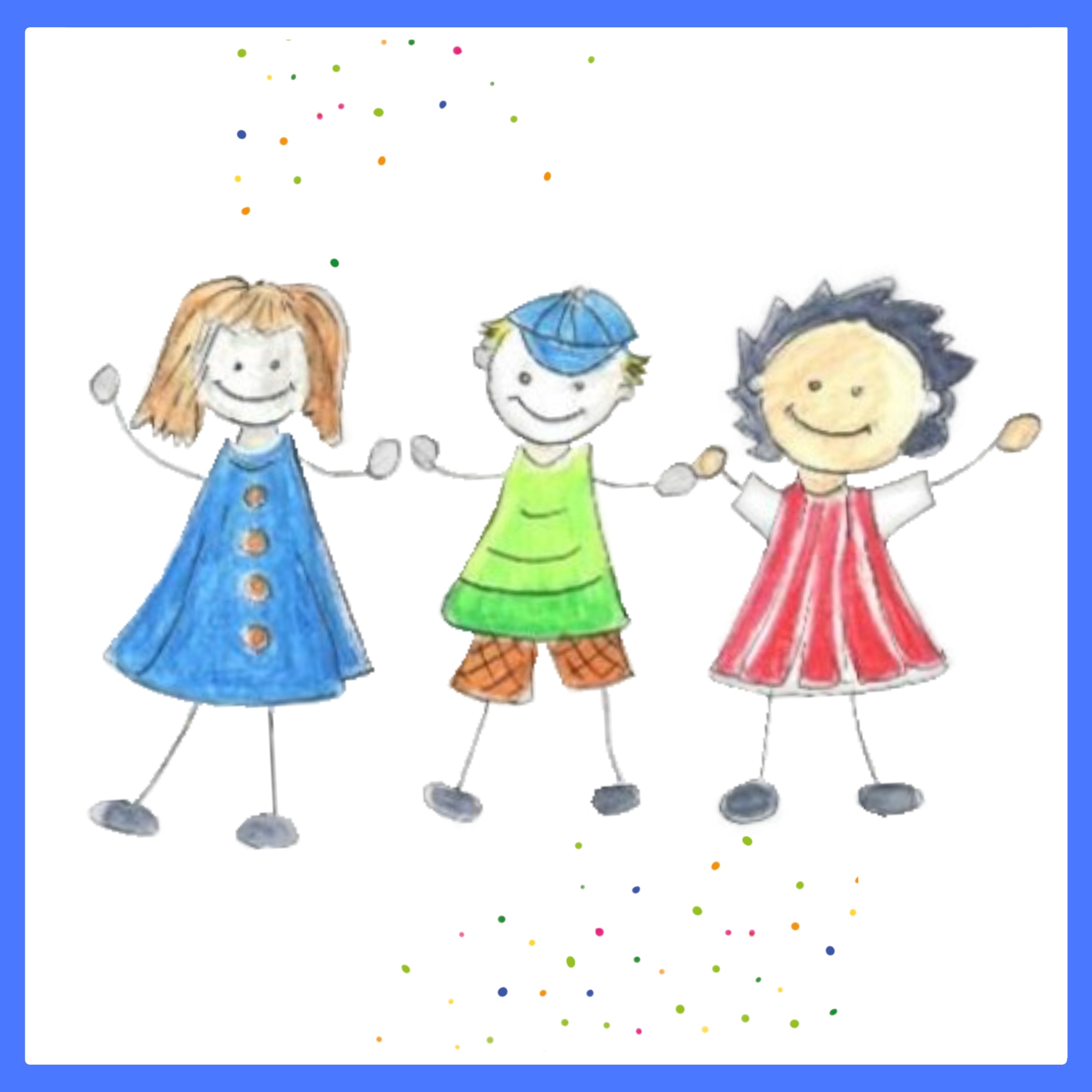 Drei Kinder nebeneinander mit unterschiedlichen Kleidungsstücken und Haaren. Umrahmt wird dies von einem blauen Kasten.