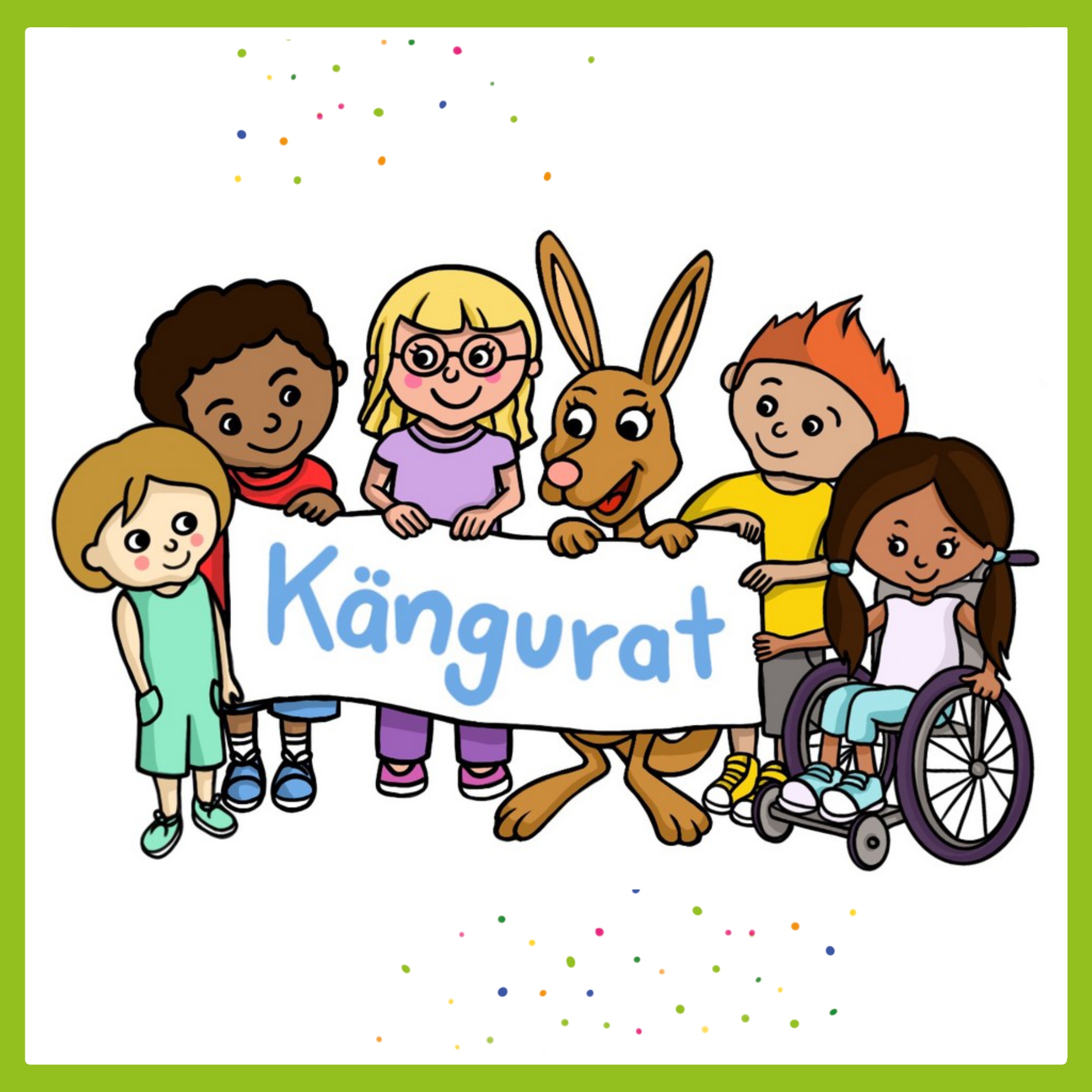 Das Logo des Kängurates. Mehrere Kinder mit unterschiedlichen farbigen Kleidungsstücken halten ein weiße Plakat hoch. Auf dem Plakat die Aufschrift in hellblauer Farbe 'Kängurat'. Umrahmt wird dies von einem hellgrünen Kasten.