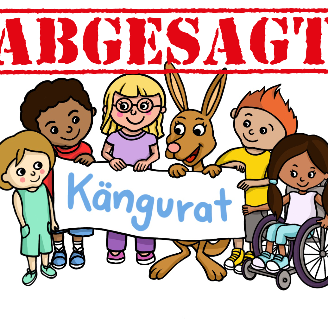 Das Logo des Kängurates. Mehrere Kinder mit unterschiedlichen farbigen Kleidungsstücken halten ein weiße Plakat hoch. Auf dem Plakat die Aufschrift in hellblauer Farbe 'Kängurat'. Darüber der Schriftzug 'Abgesagt'.