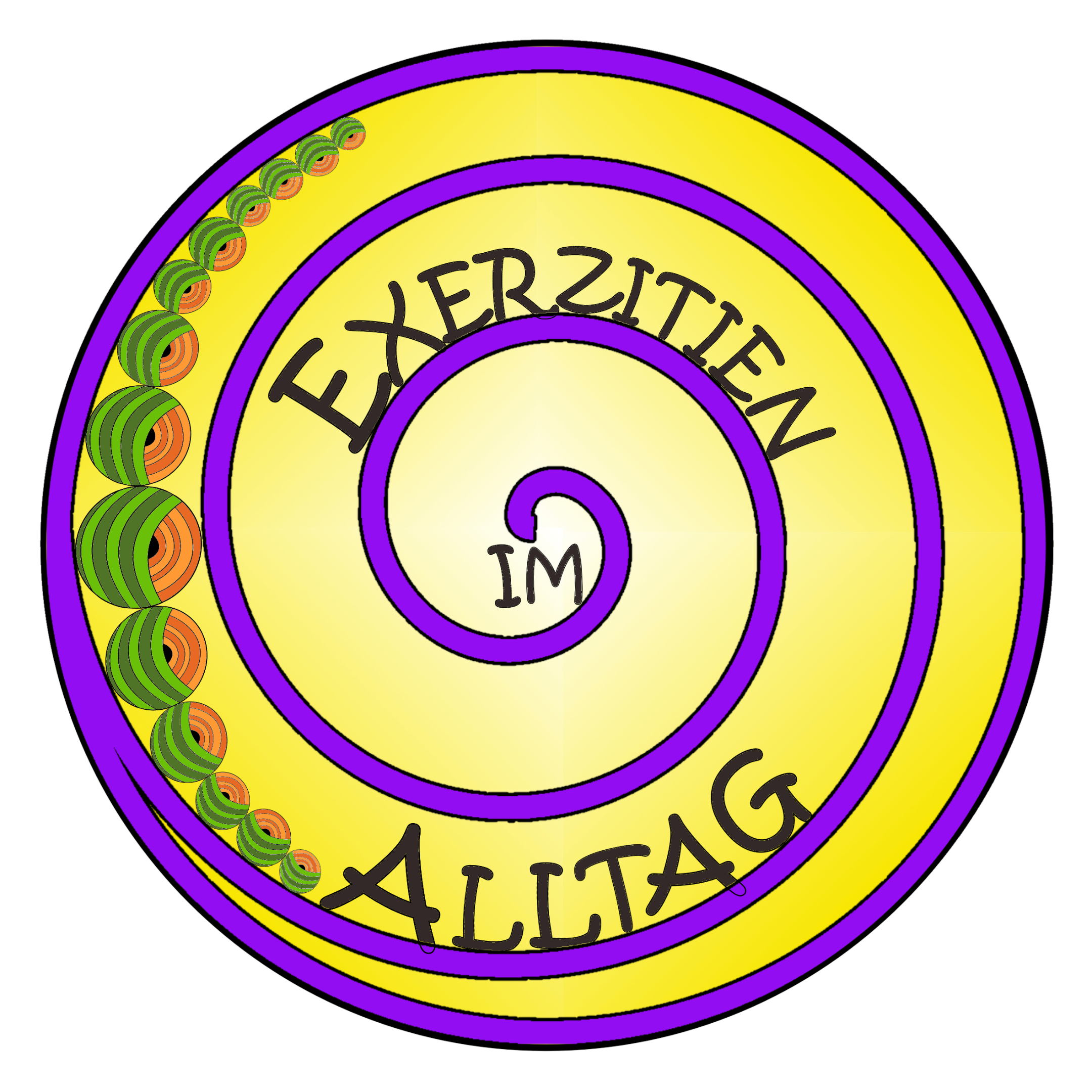 Kreis mit violetter Spirale auf gelbem Hintergrund; Worte: 'Exerzitien im Alltag' mit grün-orangenen Kugeln an der Seite, die immer kleiner werden.