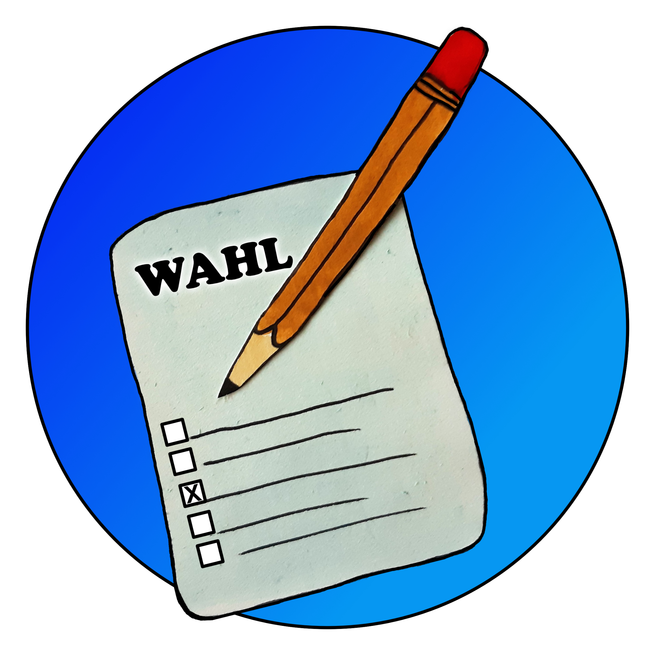 gemalter blauer Kreis mit Wahlzettel und Stift