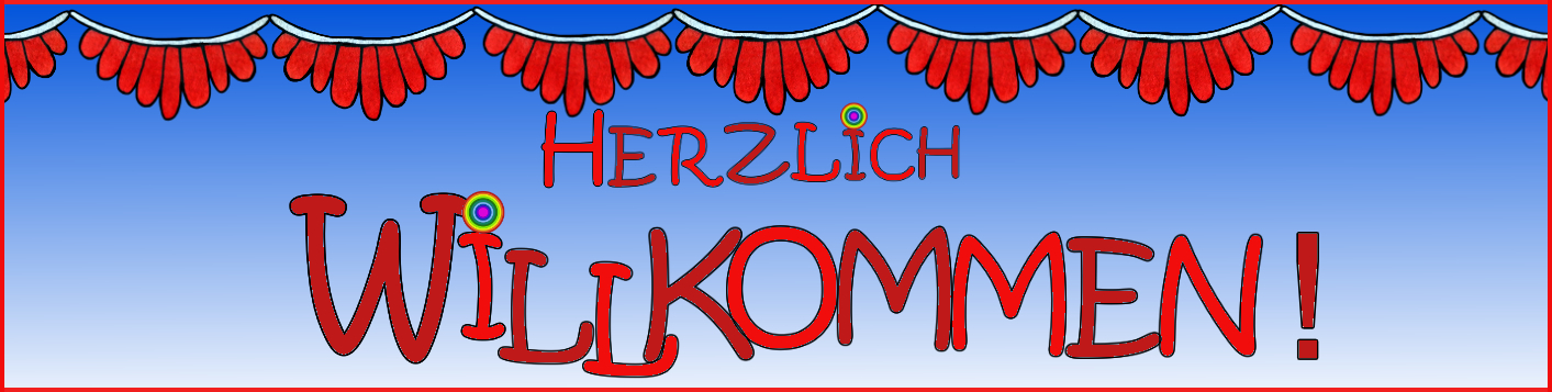 Unter roten Wimpeln steht das Wort 'Herzlich willkommen!' in großen Buchstaben