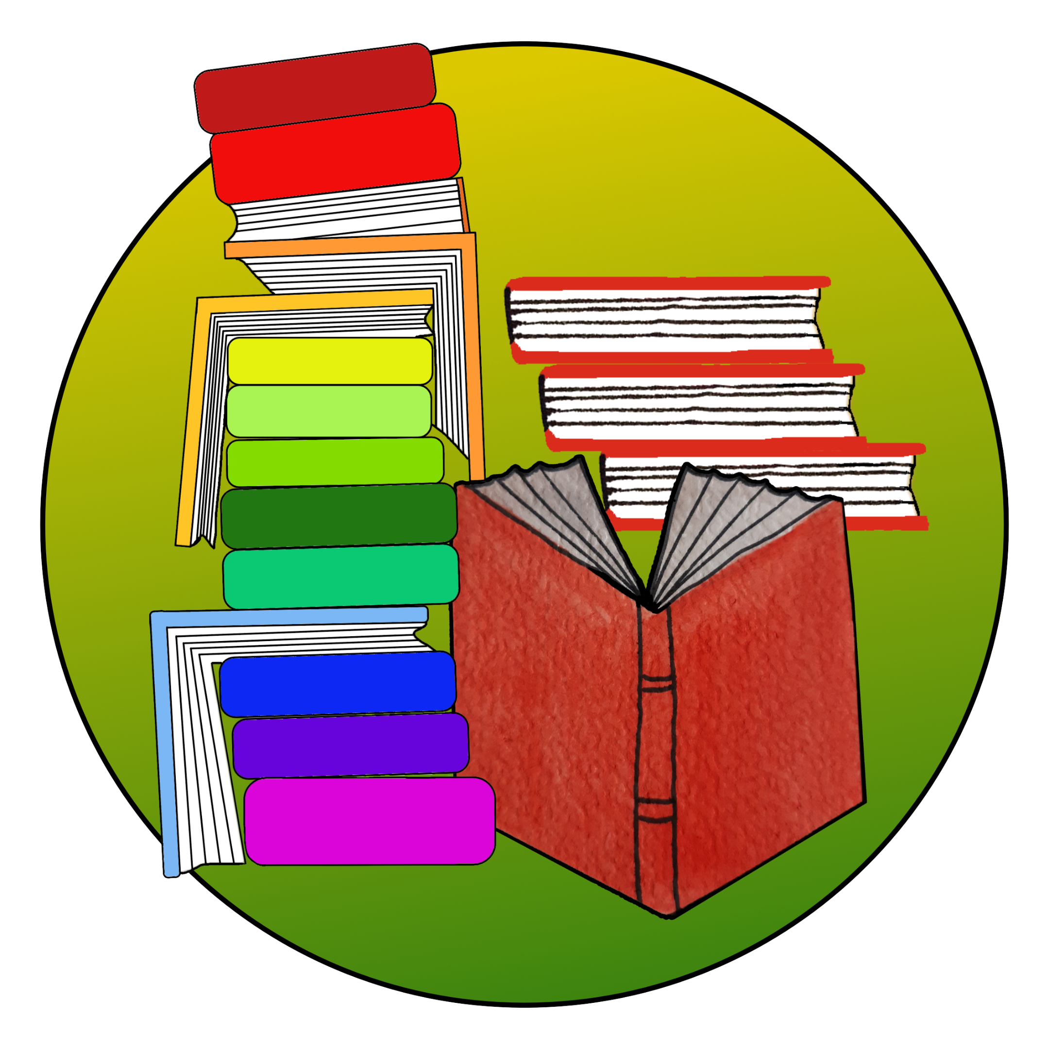 bunter Bücherstapel mit einem geöffneten Buch