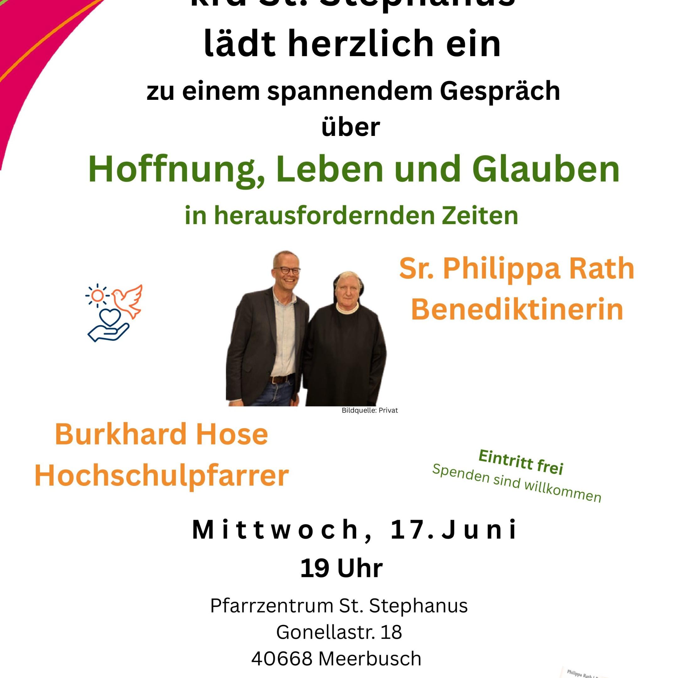 Plakat mit Einladung zu einem Gespräch über Hoffnung, Leben und Glauben mit Fotos von Sr. Philippa Rath und Burkhard Hose, Veranstaltungsdetails und rotem kfd-Logo.