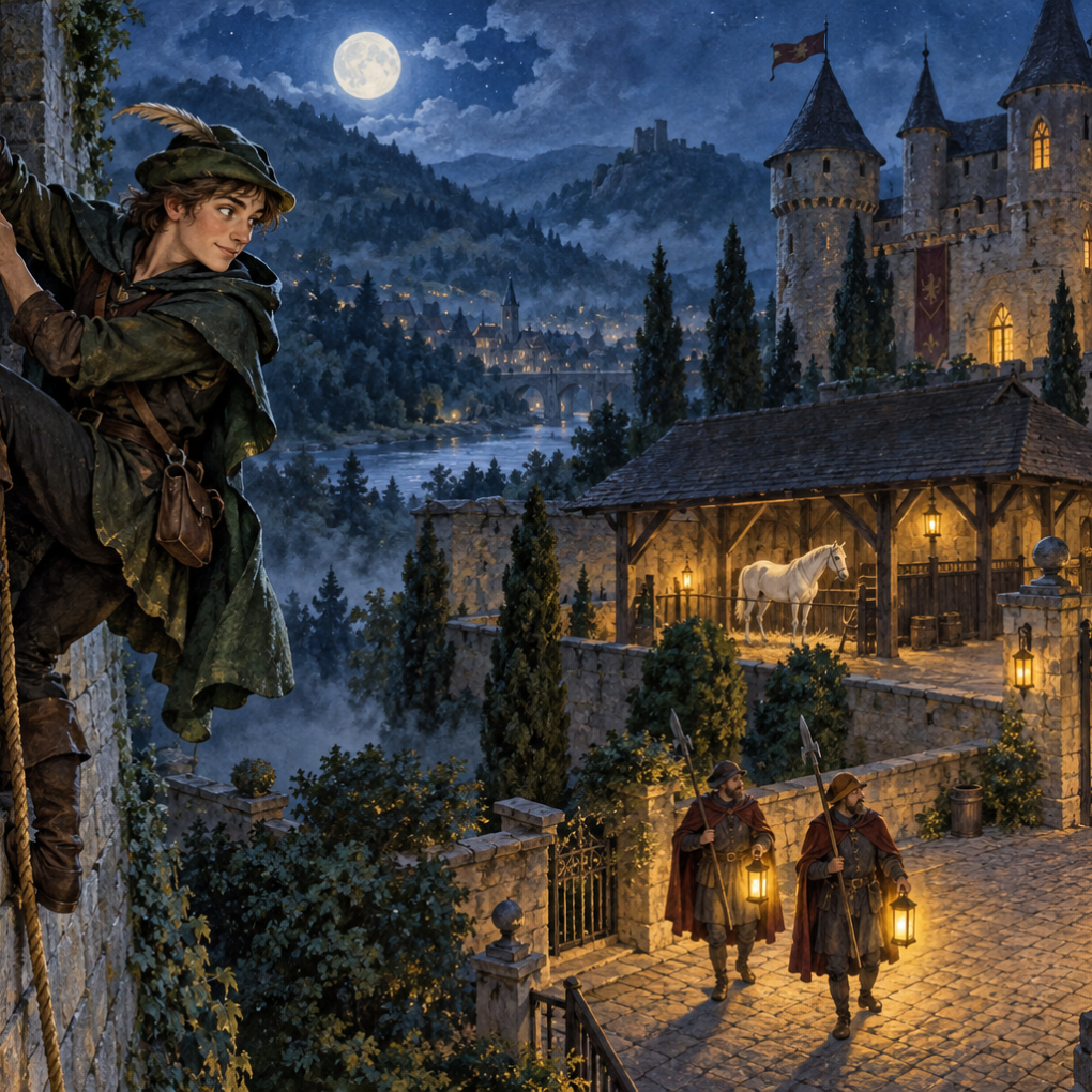 Ein junger Robin Hood klettert die Mauer im Mondschein hoch, schaut zurück auf die Stadt, die beleuchtet ist.