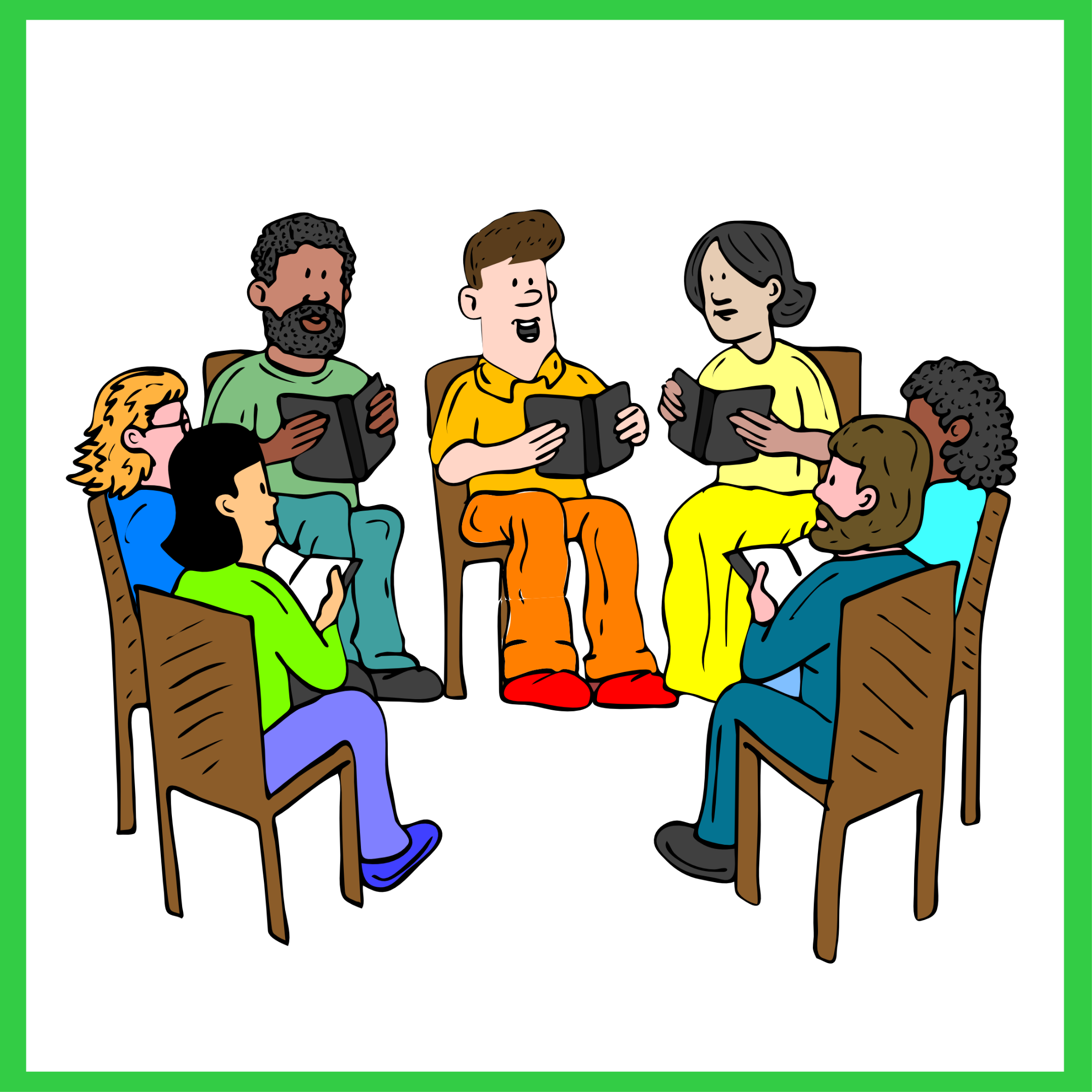 In einem grünen Rahmen mehrere Personen, die mit Büchern in der Hand im Kreis sitzen.
